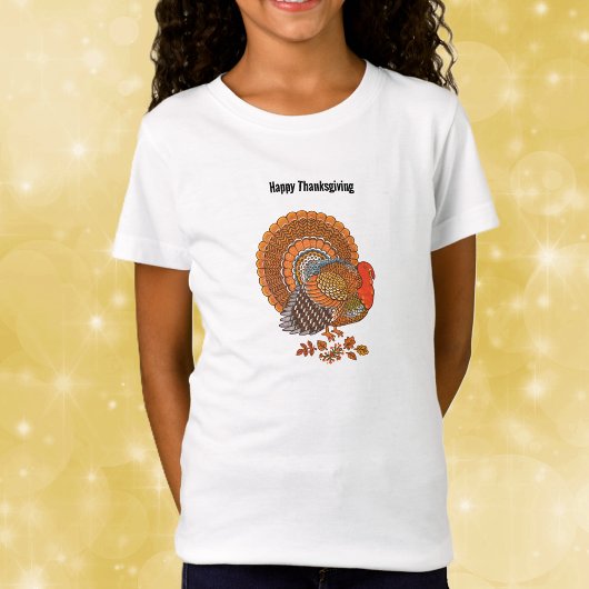 T-Shirt Thanksgiving Turkey Colourful Feathers in Leaves