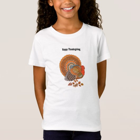 T-Shirt Thanksgiving Turkey Colourful Feathers in Leaves (Devant)