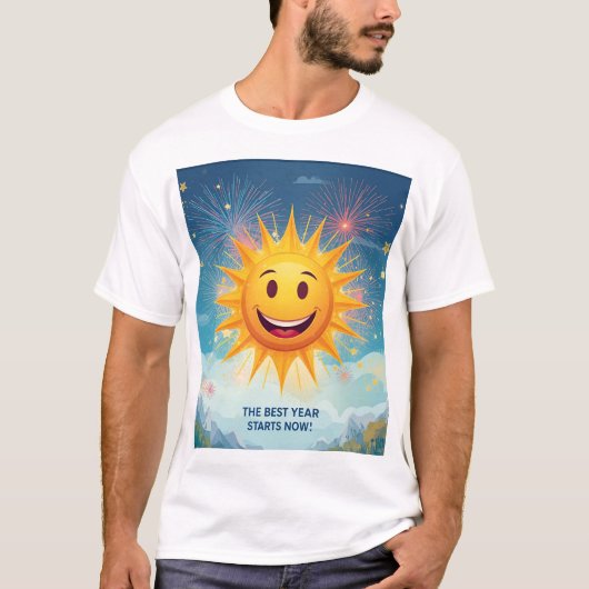 T-shirt The Best Year Starts Now! Smiling Sun & Fireworks (Devant)