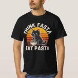 T-shirt Think Fasta Eat Pasta Shirt – Funny Cat Pasta Love<br><div class="desc">Think Fasta, Eat Pasta 🍝🐱 This funny retro-style design features an adorable cat enjoying a bowl of spaghetti with playful vintage sunset colors. Perfect for pasta lovers, foodies, and cat fans who enjoy a little humor with their favorite meal. The bold vintage typography and cute cartoon cat make this graphic...</div>