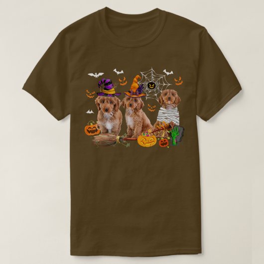 T-shirt Three Cockapoo Dogs Witch Halloween Mummy Scary Pu (Design devant)