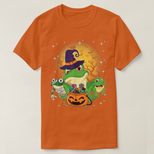 T-shirt Three Frogs Mummy Witch Moon Ghosts Pumpkin Candy (Design devant)