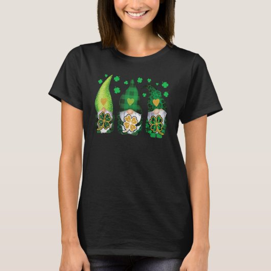 T-shirt Three Gnomes Holding Shamrock Leopard Plaid St Pat (Devant)