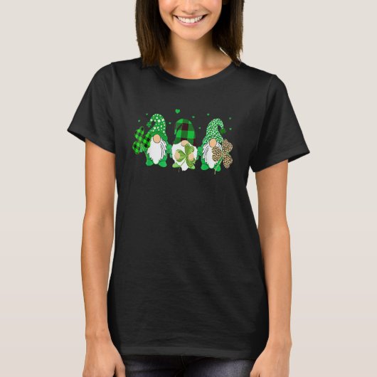 T-shirt Three Gnomes Holding Shamrock Leopard Plaid St Pat (Devant)