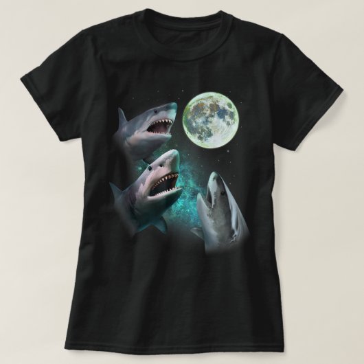 T-shirt Three Great White Sharks Howl at Moon 3 Wolfs Funn (Design devant)
