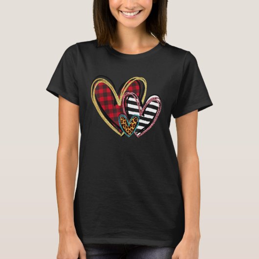 T-shirt Three Hearts Leopard Buffalo Plaid Valentine's day (Devant)