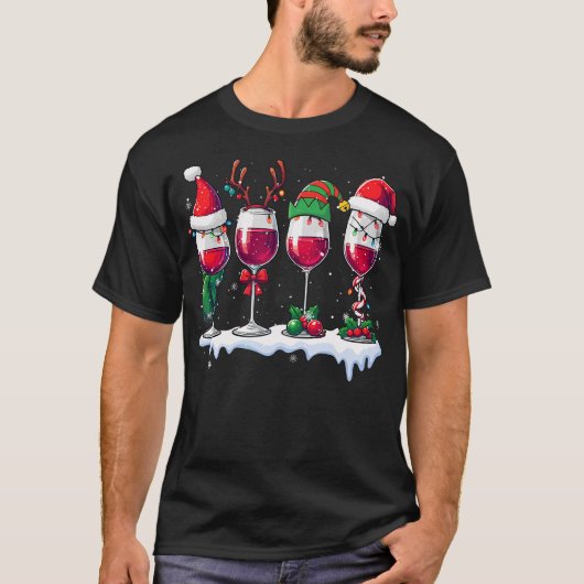 T-shirt Three Santa Elf Reindeer Wine Glasses Christmas Dr (Devant)