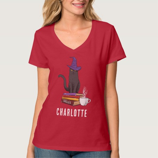 T-shirt Ticket ou traitement personnalisé Chat noir sorciè (Devant)