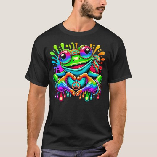 T-shirt Tie-Dye Hippie Frog Peace Sign and Heart Sign (Devant)