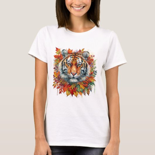 T-shirt Tiger Face Among Fall Leaves (Devant)