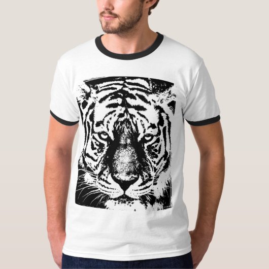 T-shirt Tiger Face Mens Basique Ringer Noir & Blanc (Devant)