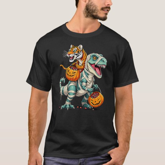 T-shirt Tiger Riding Mummy T-Rex Dinosaur Halloween (Devant)