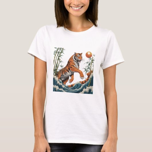 T-shirt Tiger Wave Art - Ukiyo-e Bamboo Sunset Design (Devant)
