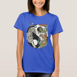 T-shirt Tigre blanc contre dragon vert au Yin yang