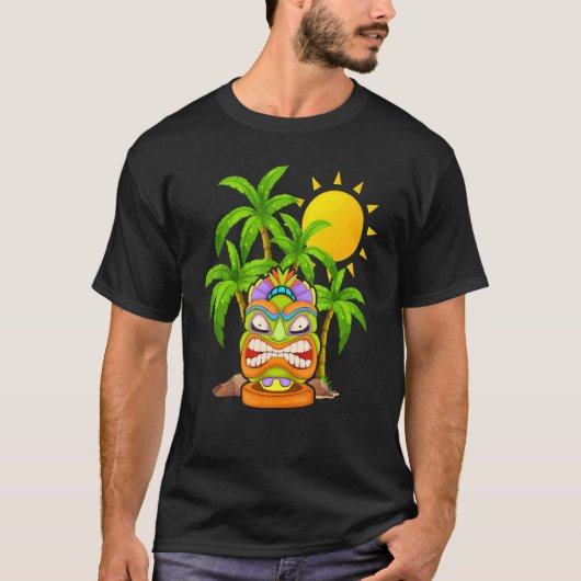 T-shirt Tiki Masque Polynésien Palmiers Totem Hawaïen Lua (Devant)