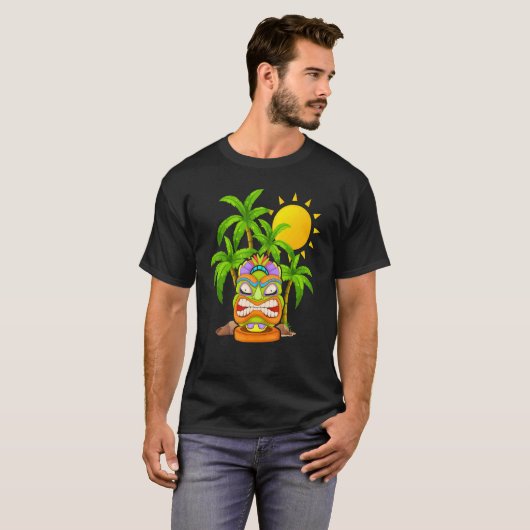 T-shirt Tiki Masque Polynésien Palmiers Totem Hawaïen Lua (Devant entier)