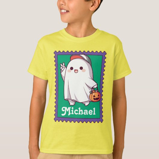 T-shirt Timbre de nom d'enfants fantôme d'Halloween (Devant)