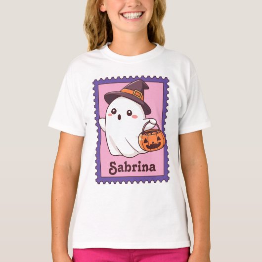 T-shirt Timbre de nom personnalisé Halloween Fantôme Sorci (Devant)