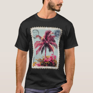 T-shirt Timbre Vintage Palmier Rose Tropical T‑S