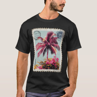 T-shirt Timbre Vintage Palmier Rose Tropical T‑S
