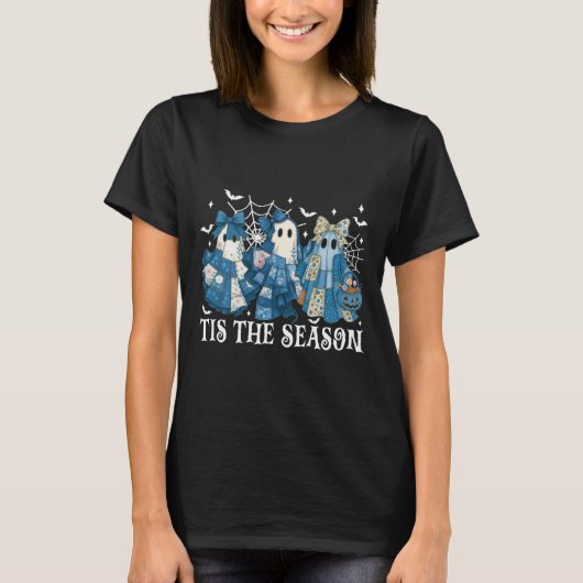 T-shirt Tis Season Blue Patchwork Ghost Citrouille Éffraya (Devant)