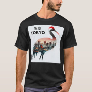 T-shirt Tokyo Japon Grue à couronne rouge Double expositio