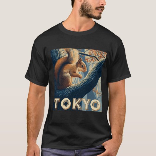 T-shirt Tokyo Travel Poster — Art-Deco Squirrel in Forest (Devant)