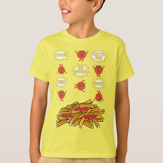 T-shirt tomates sautant aux pommes de terre frites, dessin (Devant)