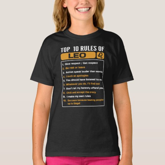 T-shirt Top 10 Rules Of Leo, Leo Facts Traits (Devant)