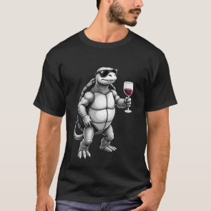 T-shirt tortue cool buvant du vin rouge impression d'art_1