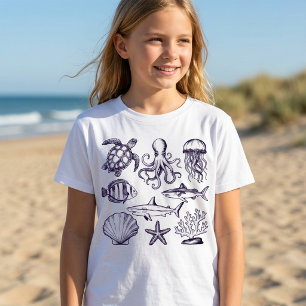T-shirt Tortue de plage d'été Poisson Pieuvre Requin Coqui