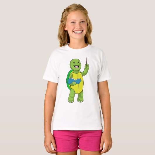 T-shirt Tortue en tant qu'enseignant avec livre et pointeu (Devant entier)