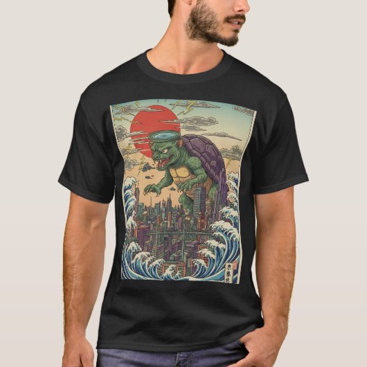 T-shirt Tortue Kaiju sur le coucher de soleil de Tokyo (Devant)