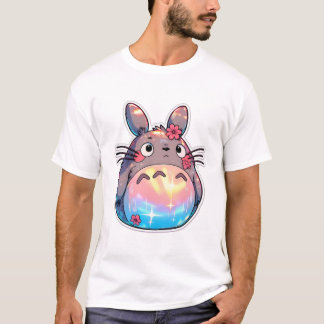 T-shirt Totoro with Rainbow Belly and Flowers Cute Whimsic