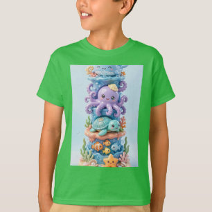 T-shirt Tour de superposition 3D d'animaux marins de l'océ