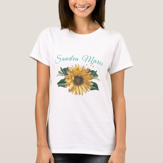 T-shirt Tournesol jaune doré rustique Script Turquoise (Devant)
