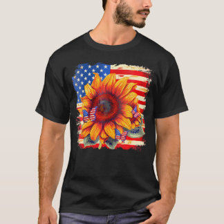 T-shirt Tournesol Papillon Usa Drapeau Amérique V-Cou