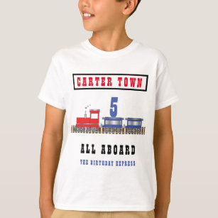 T-shirt Tous à bord du train d'anniversaire Rouge Bleu Nom
