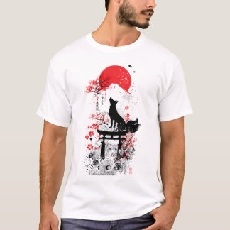 T-shirt Traditional Red Black Japanese Kitsune Fox with Mo