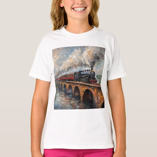 T-shirt Train à vapeur sur un pont - Peinture à l'huile (Devant)