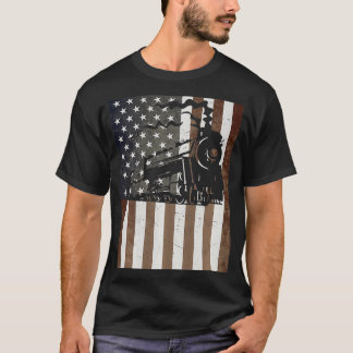 T-shirt Train Locomotive Engine American Flag Model Builde
