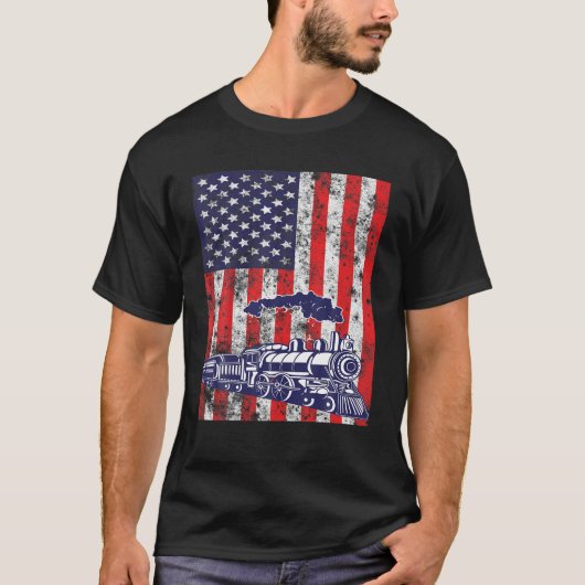 T-shirt Train Locomotive Engine USA American Drapeau 4e de (Devant)