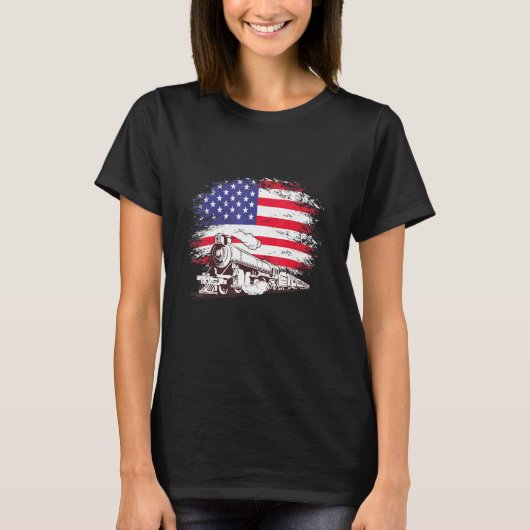 T-shirt Train Locomotive Engine Usa Drapeau Américain 4e D (Devant)