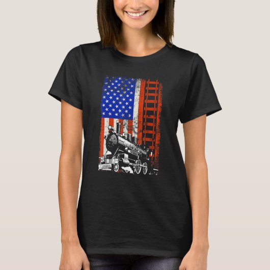 T-shirt Train Locomotive Engine Usa Drapeau Américain 4e D (Devant)