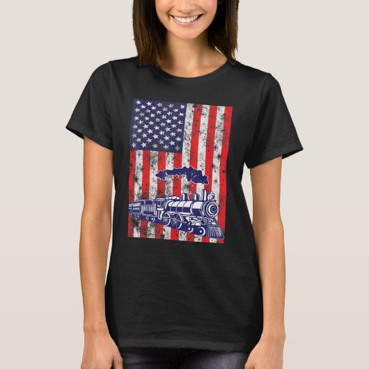 T-shirt Train Locomotive Engine Usa Drapeau Américain 4e D (Devant)
