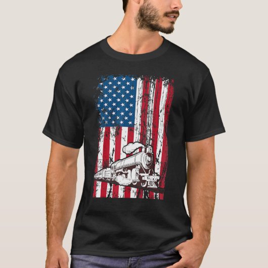 T-shirt Train Locomotive Engine Usa Drapeau Américain 4e D (Devant)