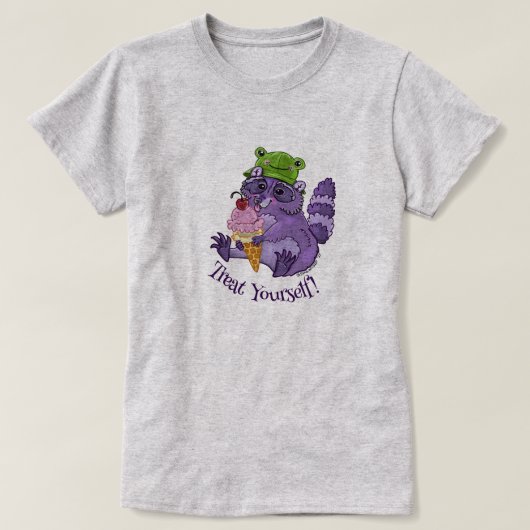 T-shirt Traitez-vous, Raccoon pourpre avec Icecream (Design devant)