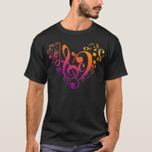 T-shirt Treble Bass Clef Notes musicales Coeur coloré