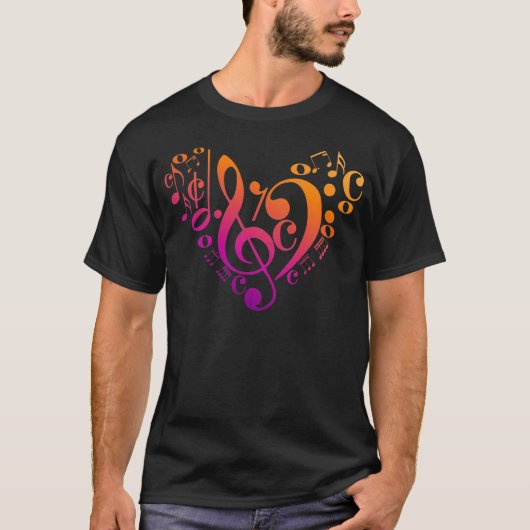 T-shirt Treble Bass Clef Notes musicales Coeur coloré (Devant)