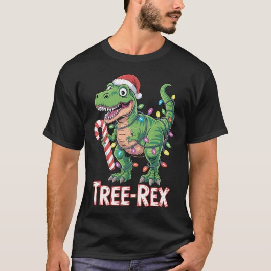T-shirt Tree-Rex – T-Rex avec canne en sucre & lumières (Devant)